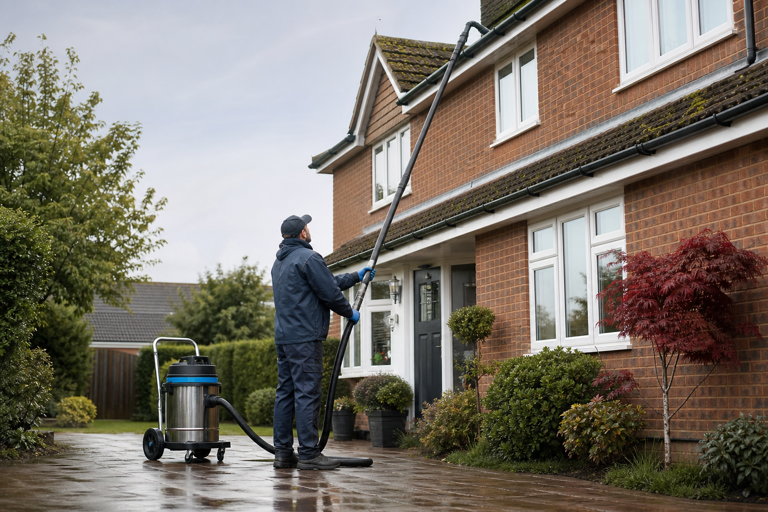 A professional clearing house gutters with a ground-based gutter vacuum