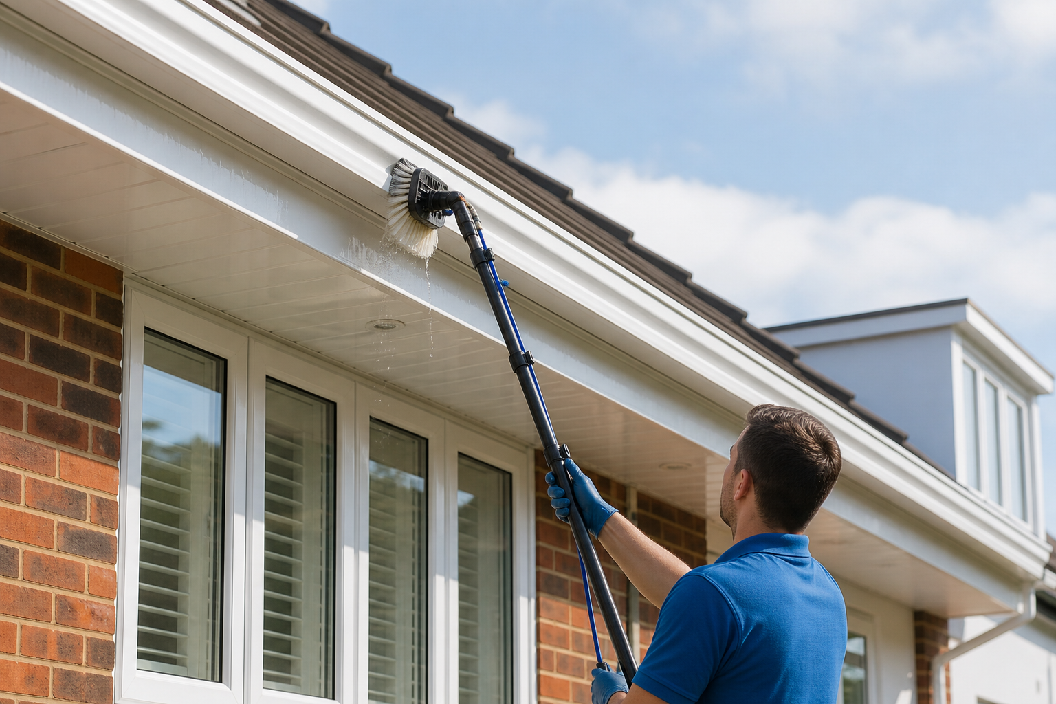 A professional cleaning white soffit and fascia boards with a soft brush